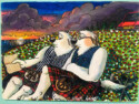 Another one of me old high school drawings I refurbished recently with stronger colours and permanent marker to make the outlines a lot bolder.. Two friends sitting in a field